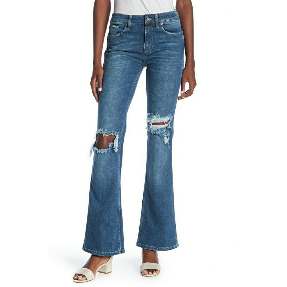 New! FREE PEOPLE Ripped Flare Blue Jeans Denim - Picture 5 of 6